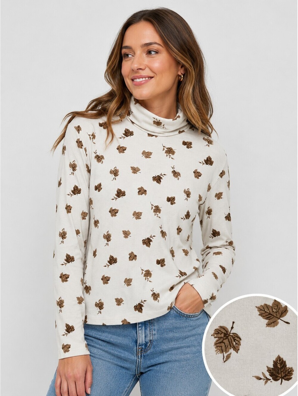 Vintage Fall Autumn Vtg Leaves Print Mock Turtleneck 90's Sweater Cottage Core